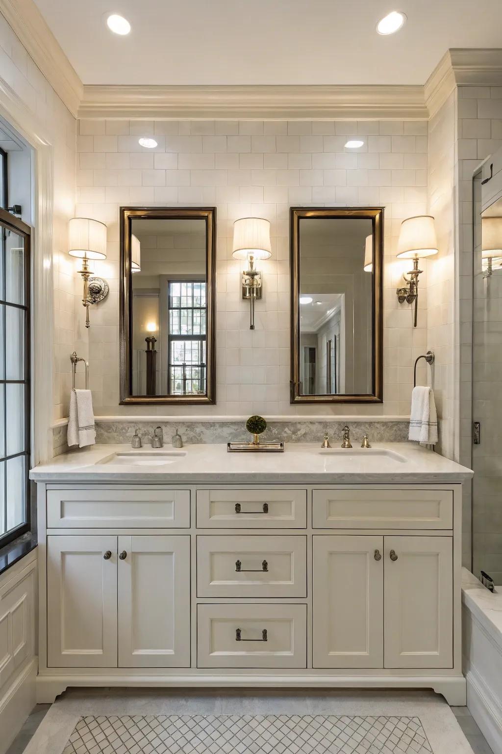 Symmetrical sconces create balance and harmony in your bathroom.