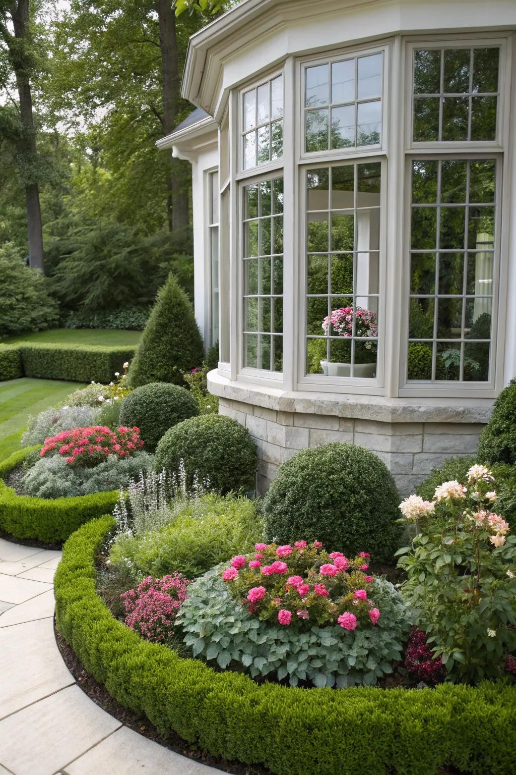 Uniform planting achieving balance in the bay window garden.