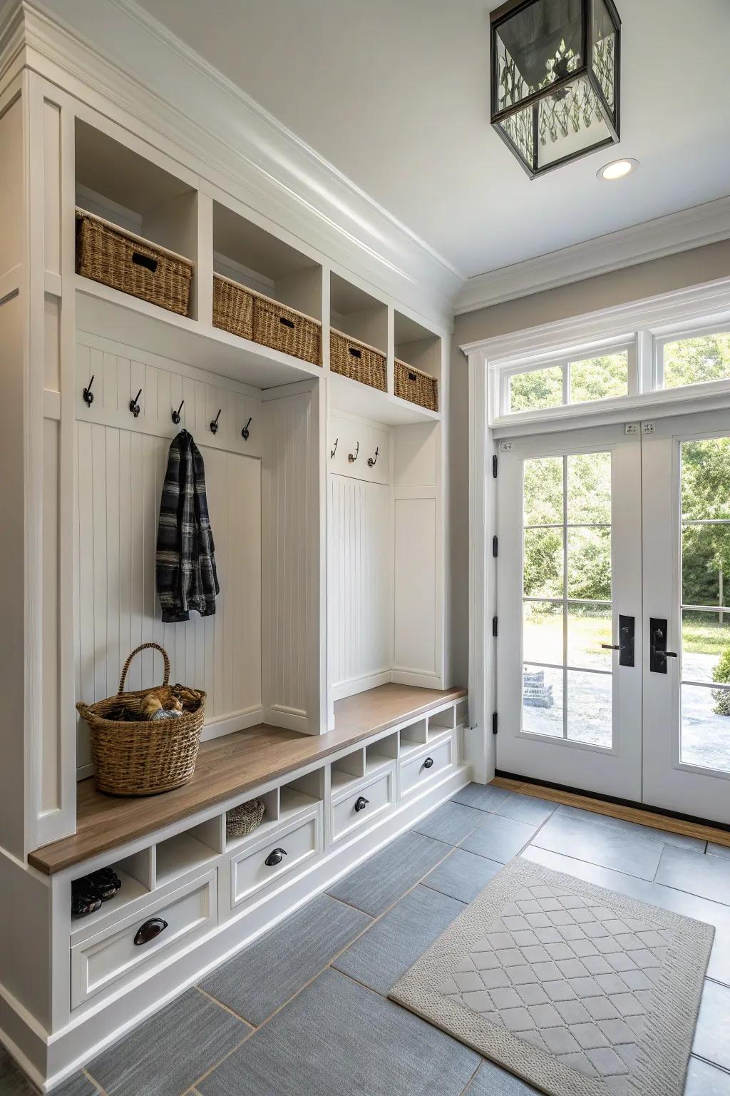 A fashionable vestibule with stylish paneling fitting.