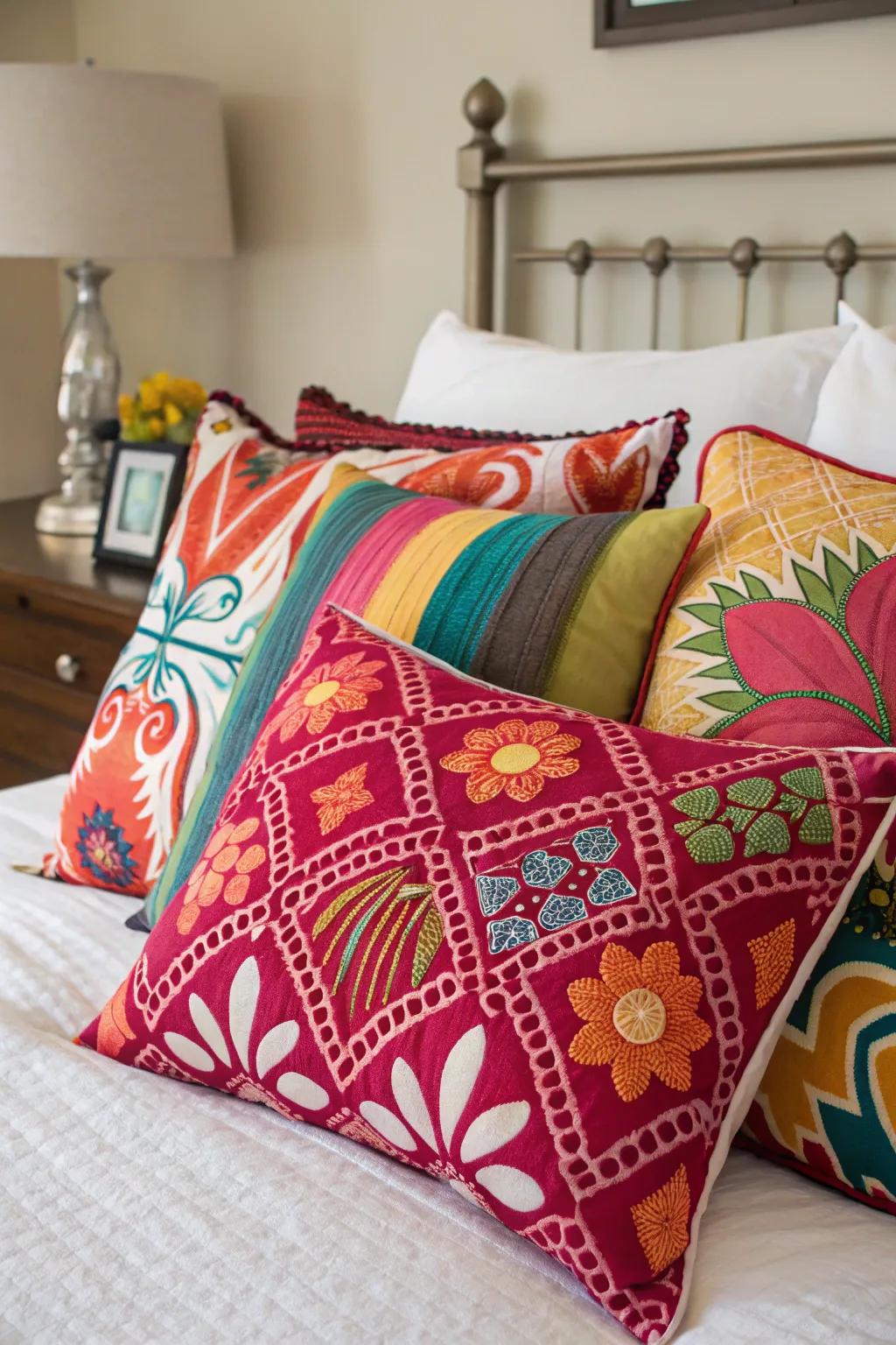 An audacious and unique cushion setup for aficionados of hue and dynamism.