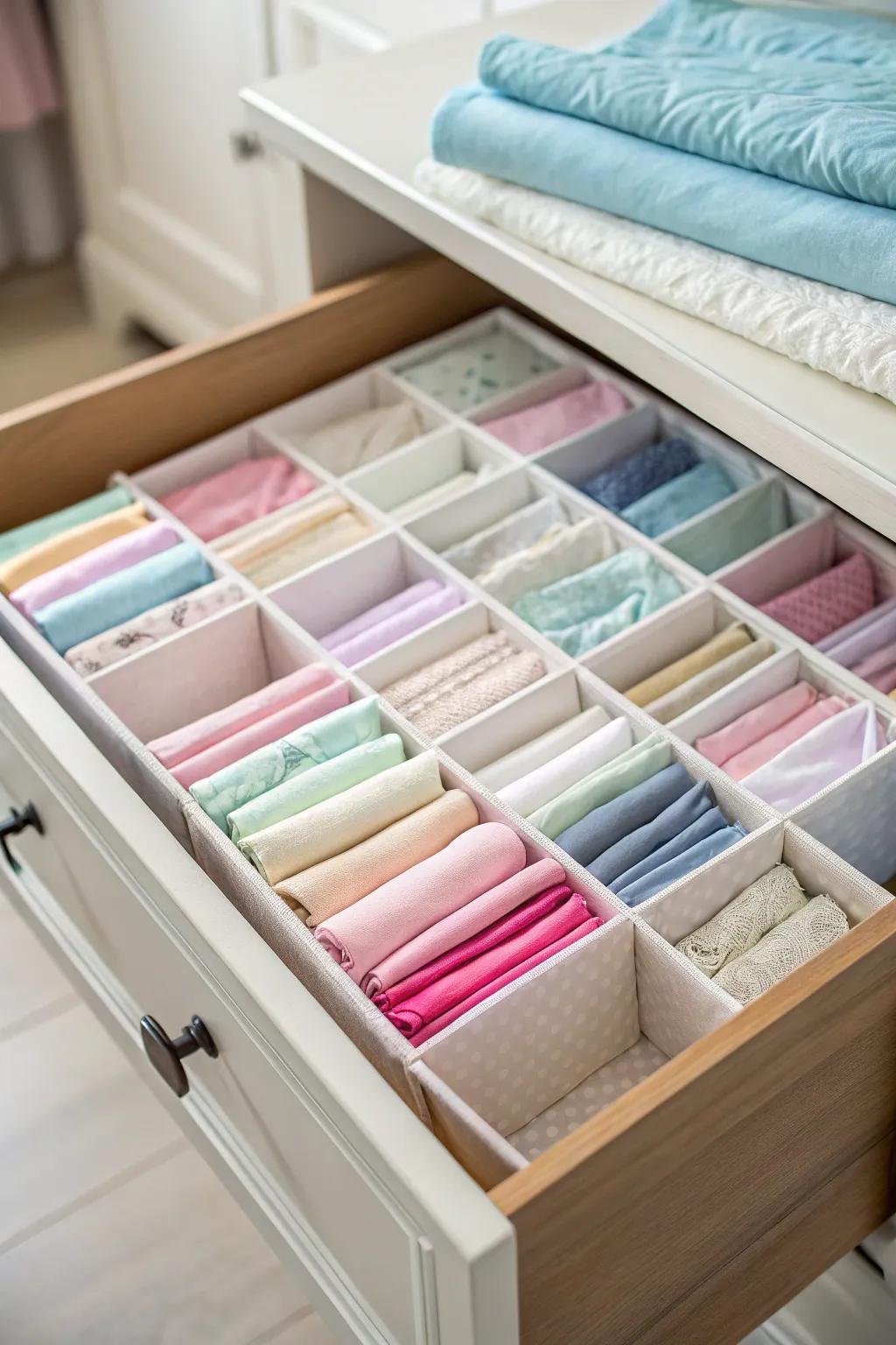 Drawer dividers maintain organized and accessible sheets.