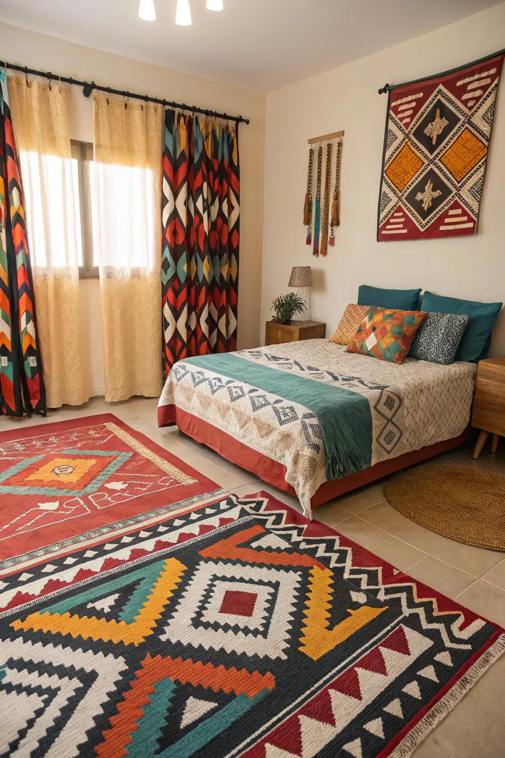 Daring patterns inject a playful and dynamic element into the slumber chamber.