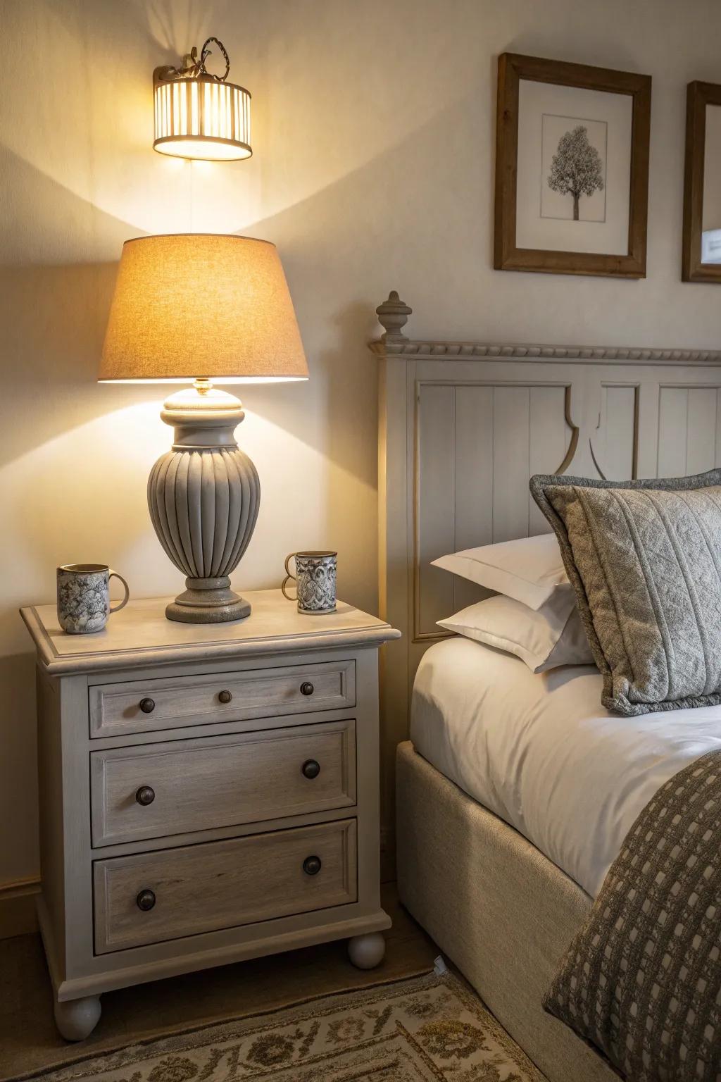 Grey lamps introducing layered lighting to the room.