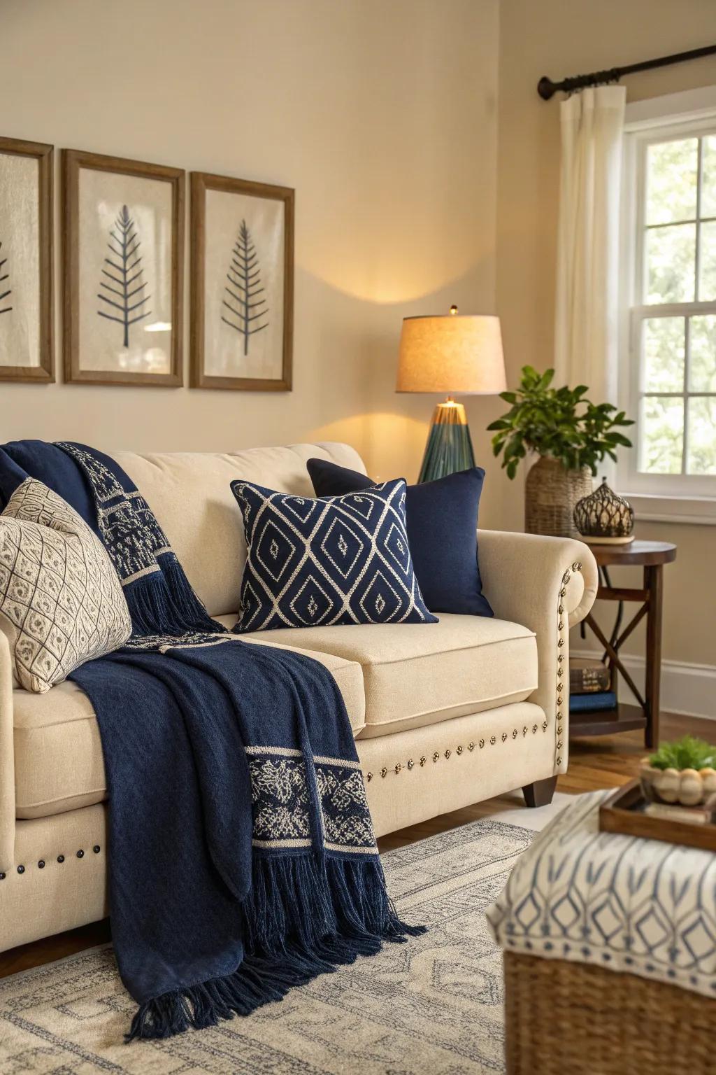 Navy contrasts introduce depth and dimension.