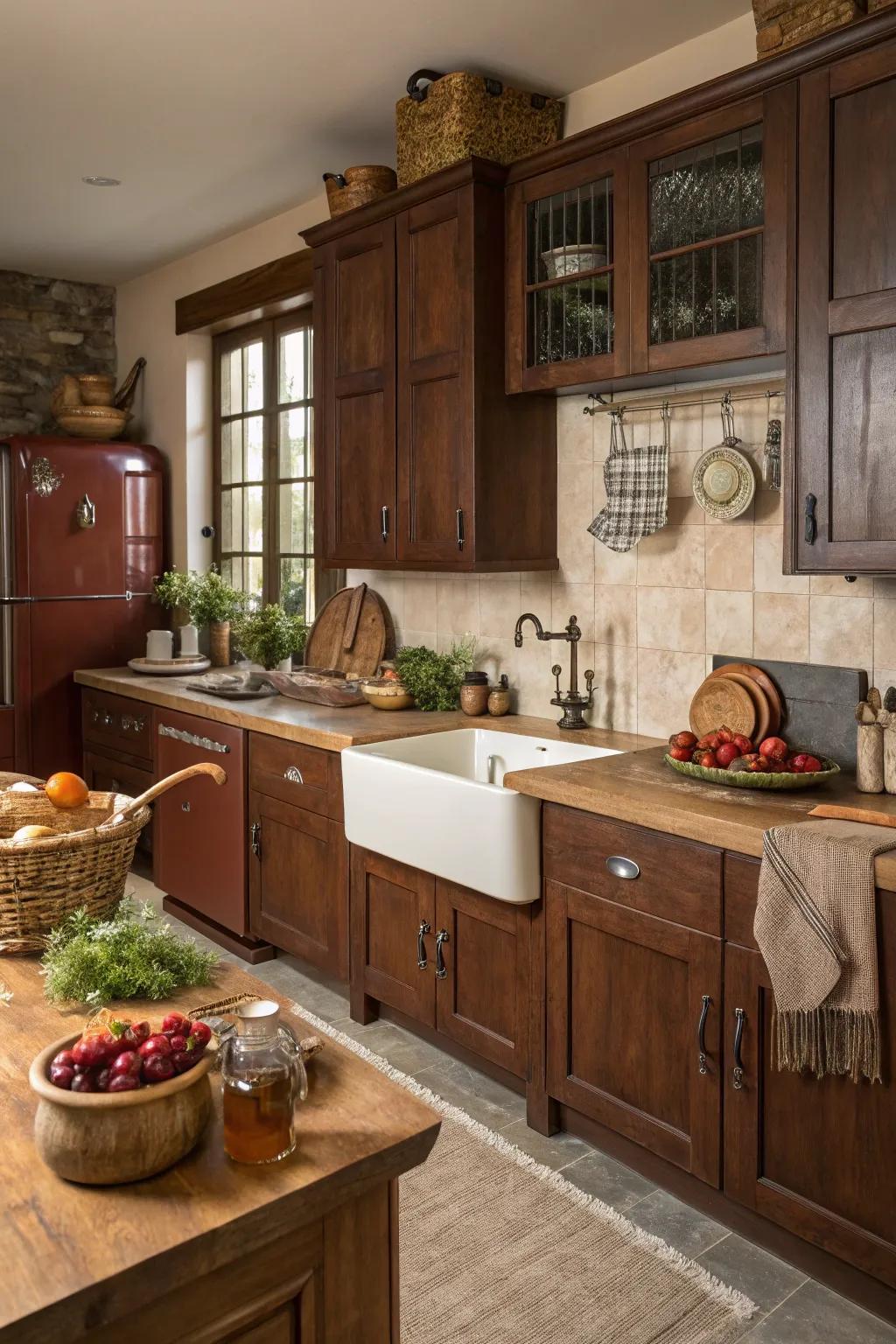 A comforting and inviting cooking area featuring audacious brown cabinetry.