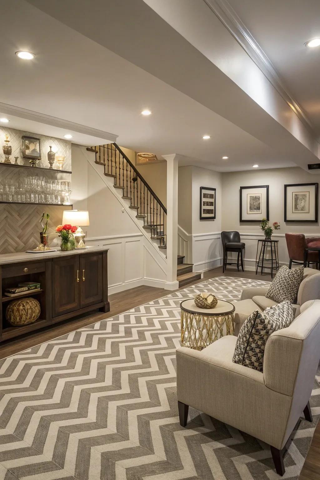 Zigzag patterns enrich basement flooring with an elegant twist.