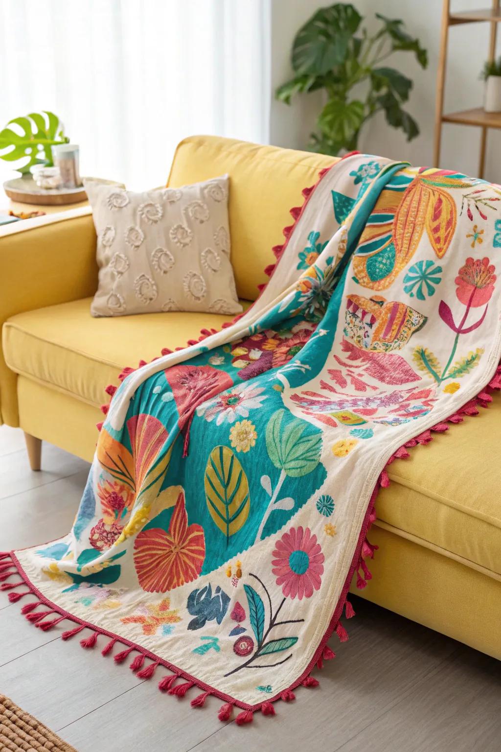 A colorful background blanket incorporates a pop of color into any space.