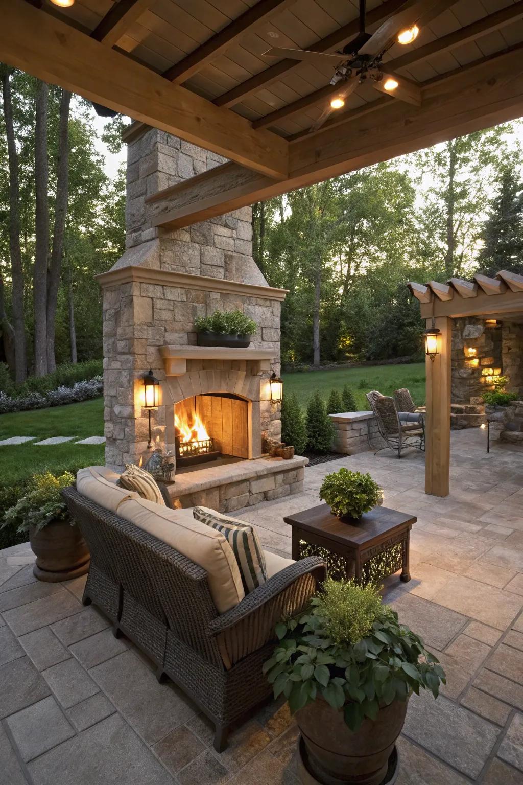 A built-in fireplace unifies sophistication with enduring warmth.