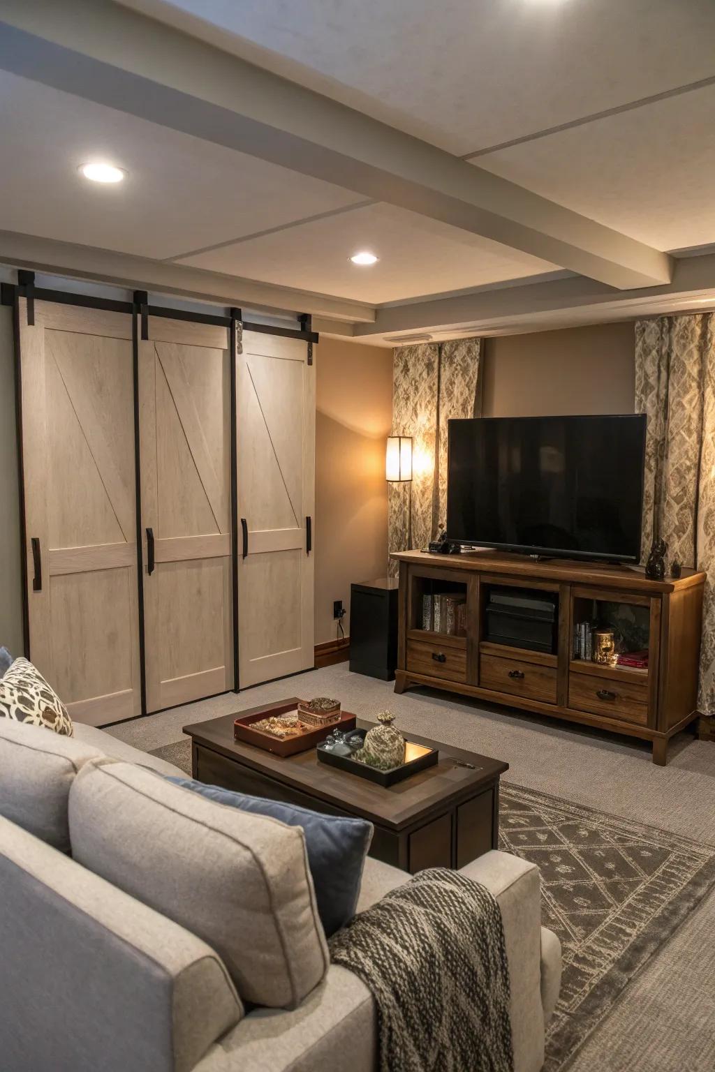 A concealed TV sustains a tidy and uncluttered room aesthetic.