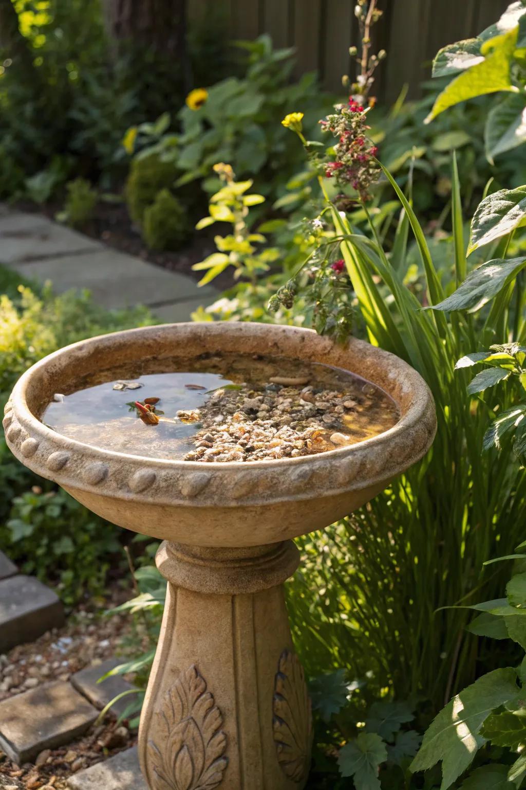 A ceramic bird bath feeder providing water and food for birds.