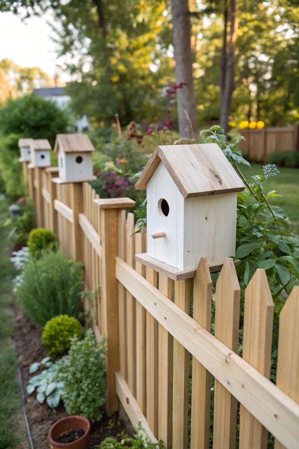 Austere avian dwellings append a semblance of modern refinement to the fence.