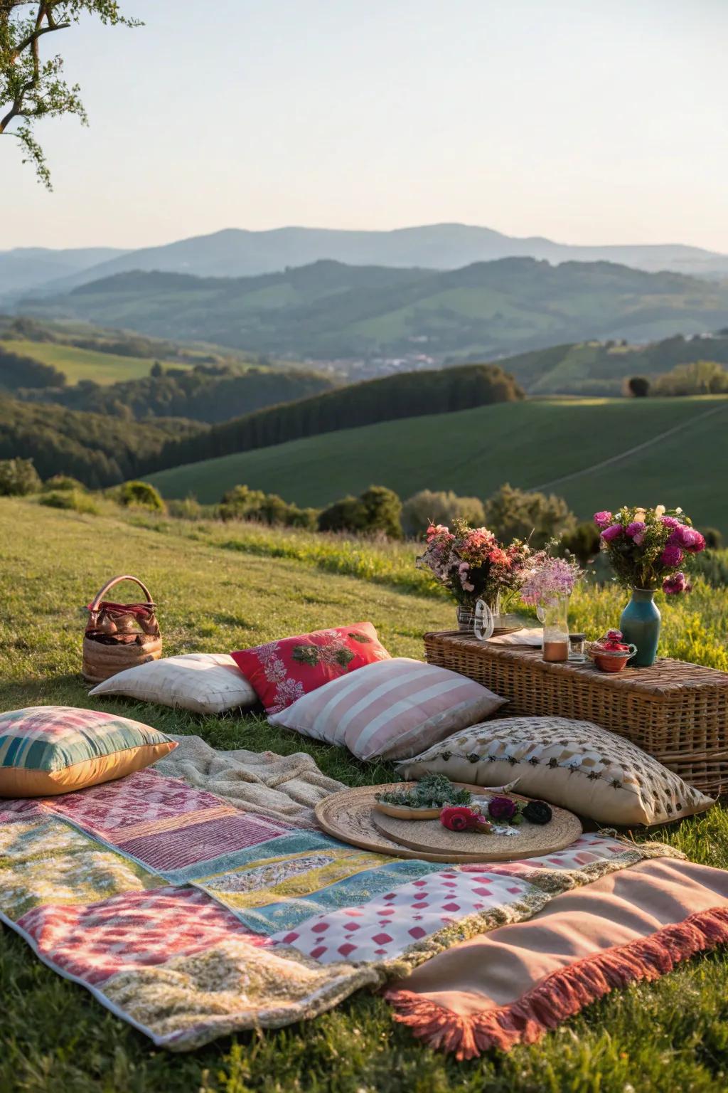 An attractive outdoor picnic arrangement set against a scenic backdrop.