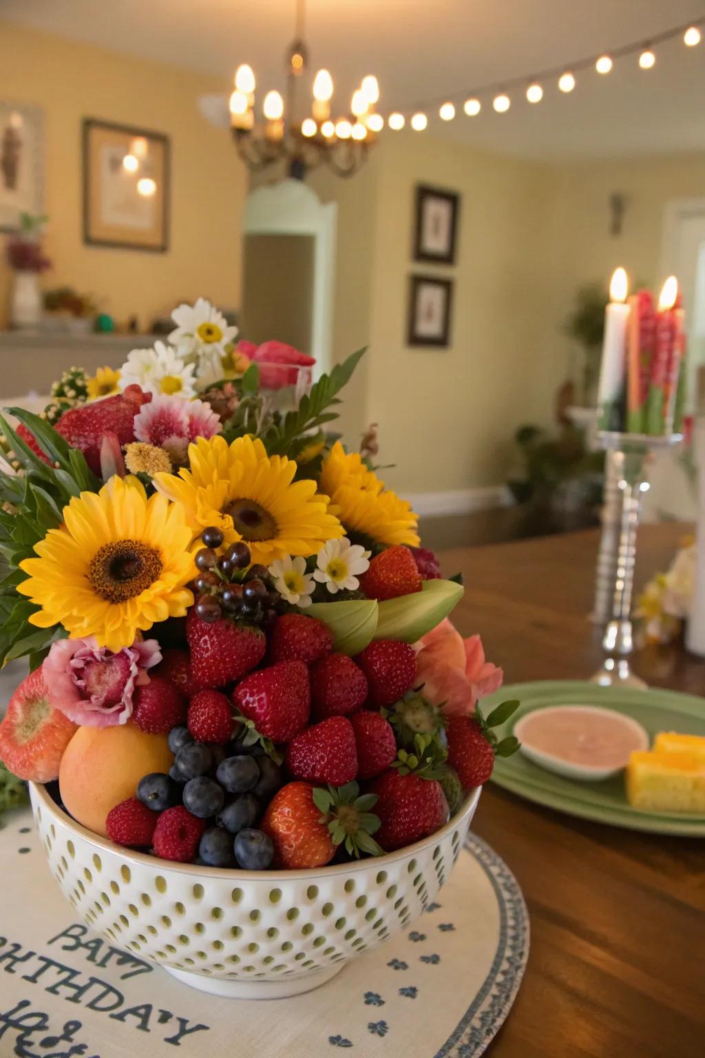 The fusion of fruits and flowers generates a stimulating centerpiece.