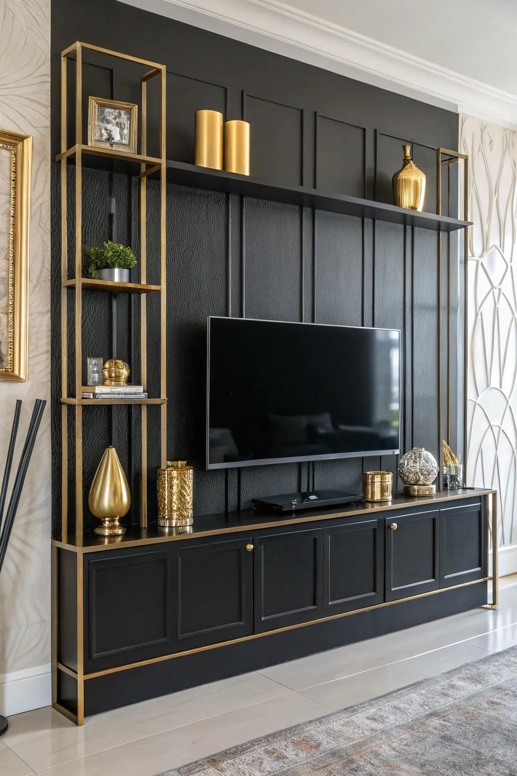 Metallic decorations append a trace of glamour to a dark-painted focus wall.