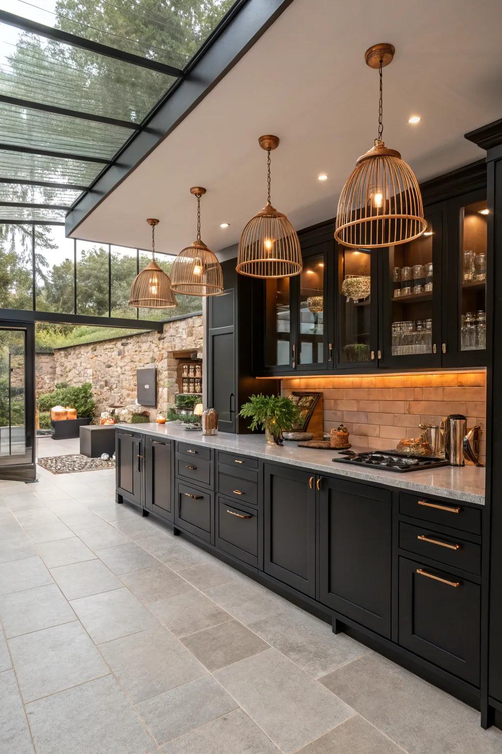 Bronze highlights enhance the functionality of an open kitchen layout.