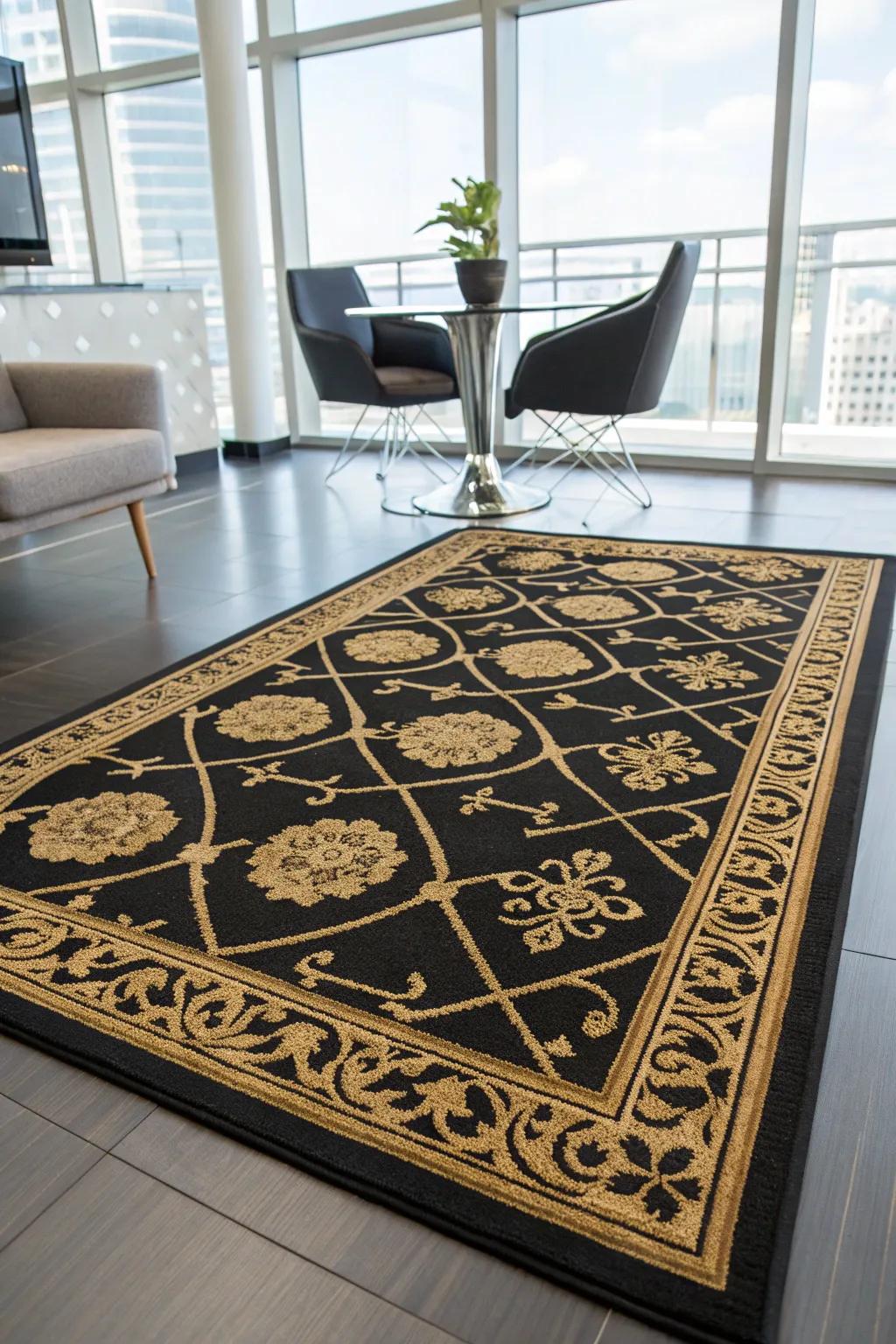 An ebony and gilded floor covering adds warmth and style to your office decor.