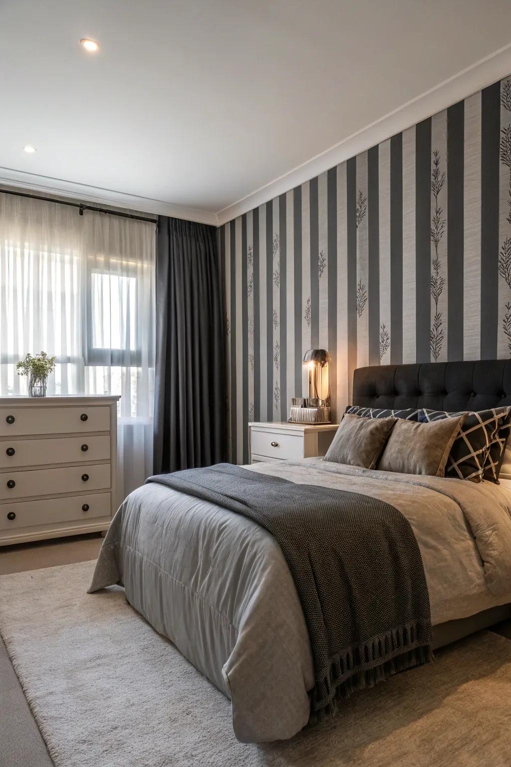 A bedroom featuring black and grey striped accent wallpaper.