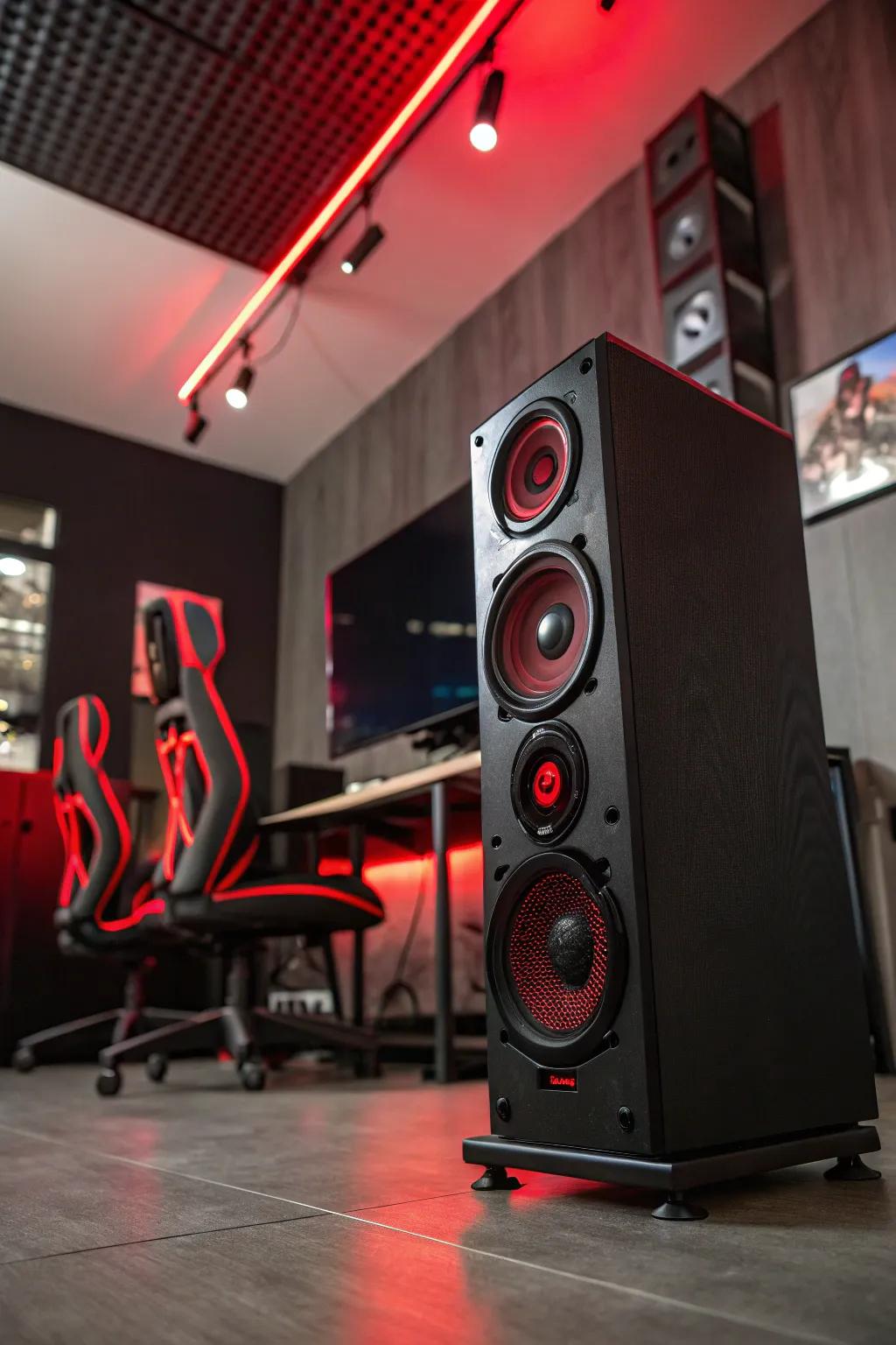 A sound setup exhibiting scarlet lighting delivers enveloping sound for gaming.