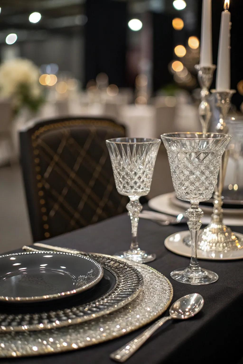 Crystal stemware adds a luxurious sparkle to the table.