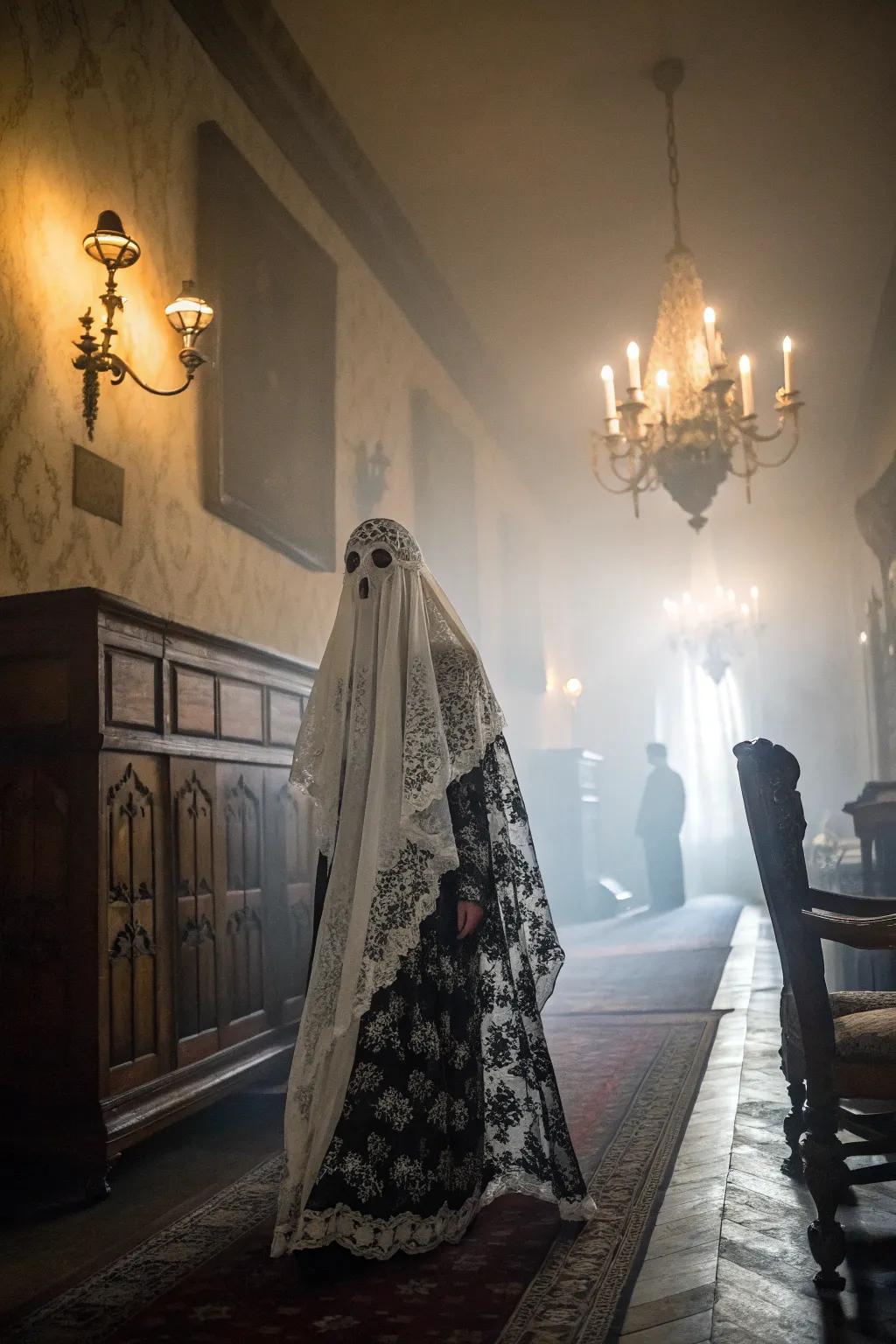 Evoke Victorian-era mystique with a dramatic monochrome ghost costume.
