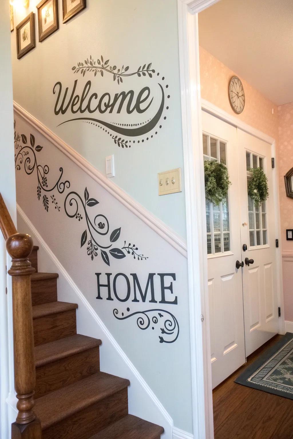 Vintage lettering creating a warm welcome in an entryway.