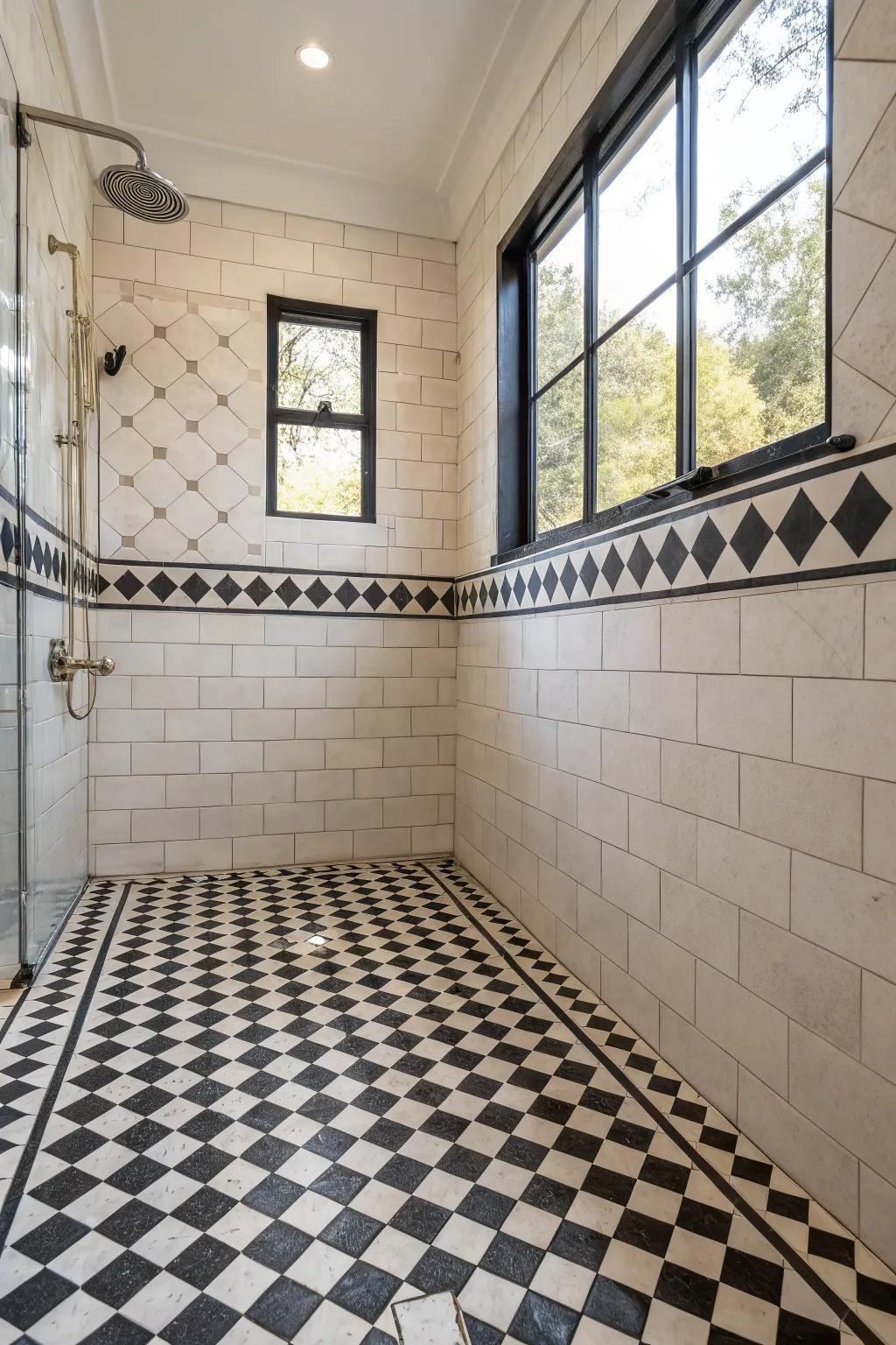 A checkered design introduces a vintage touch to the shower.