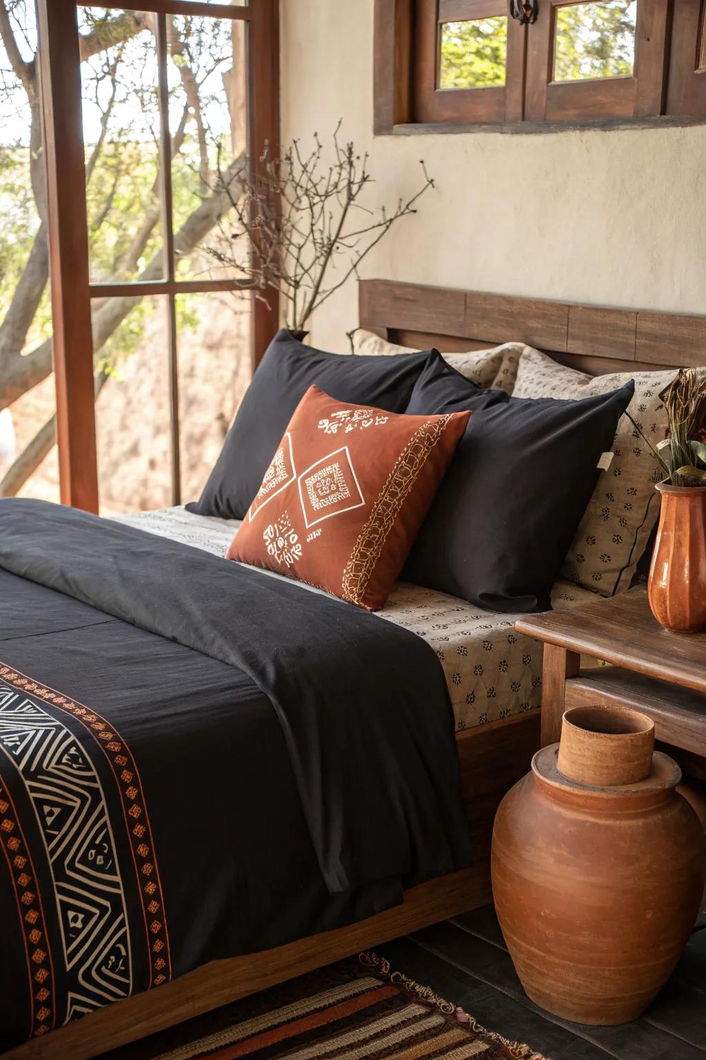 Grounding black bedding with natural hues.