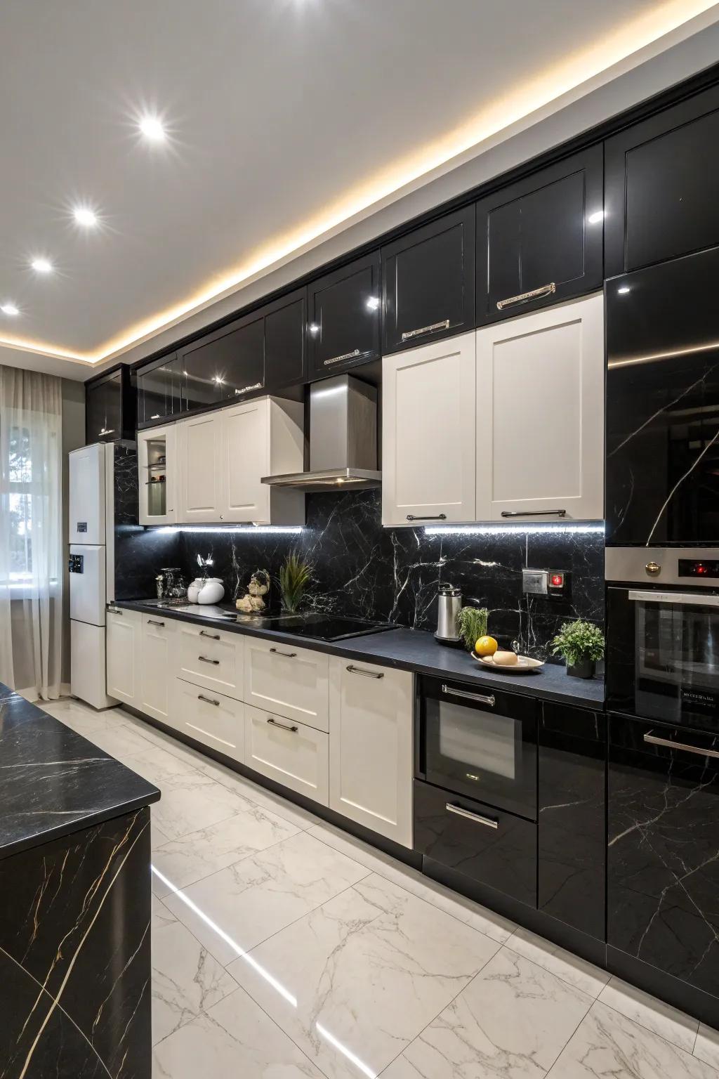 Monochrome palette with ebony countertops and cabinets.