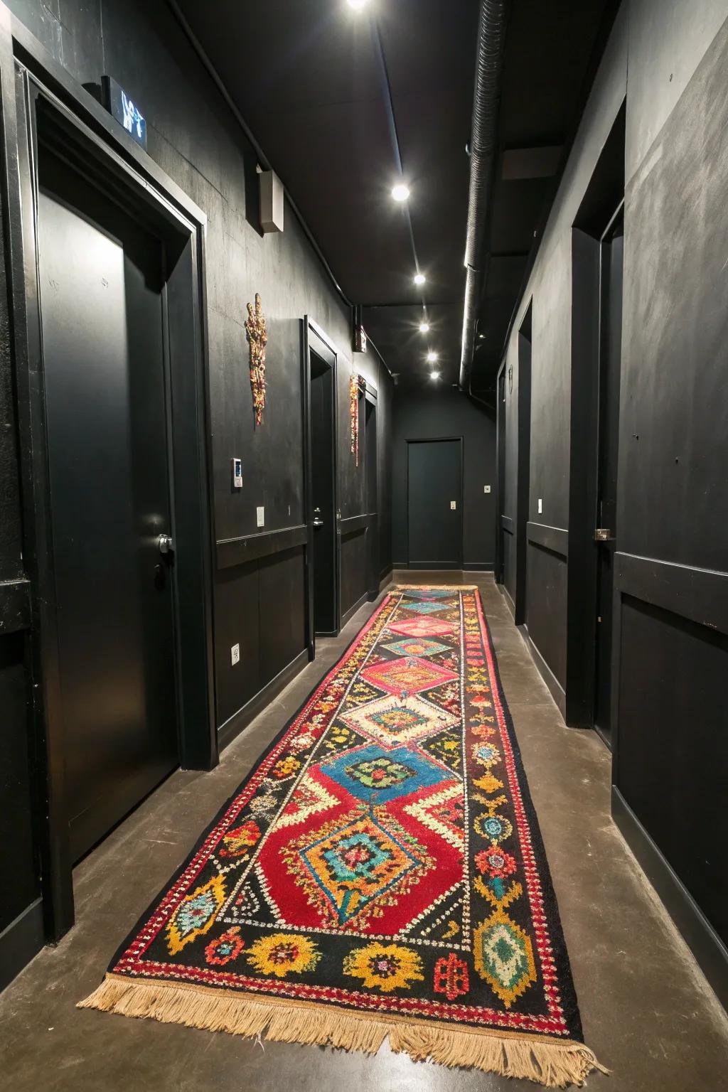 A varied rug infuses warmth and hue into a black hallway.