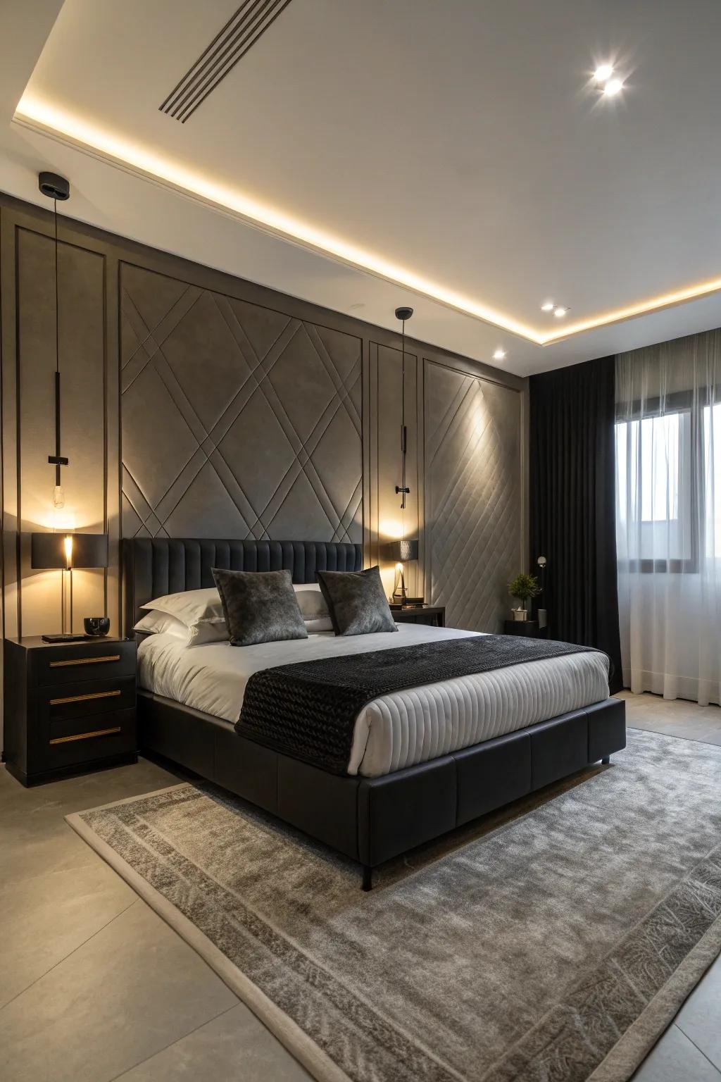 A black bed structure secures the room's design.