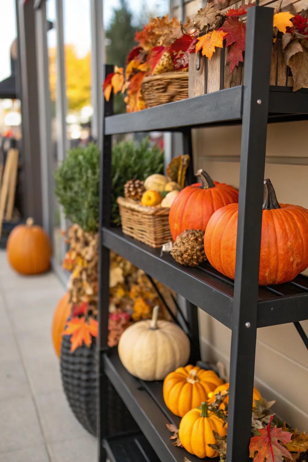 Seasonal décor articles mirroring the ongoing season on a black shelf.