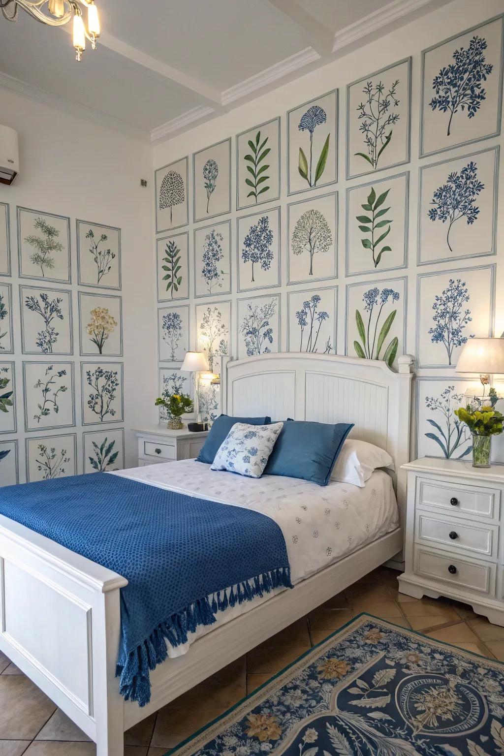 Plant-based prints add an organic aspect to a blue and white bedroom.