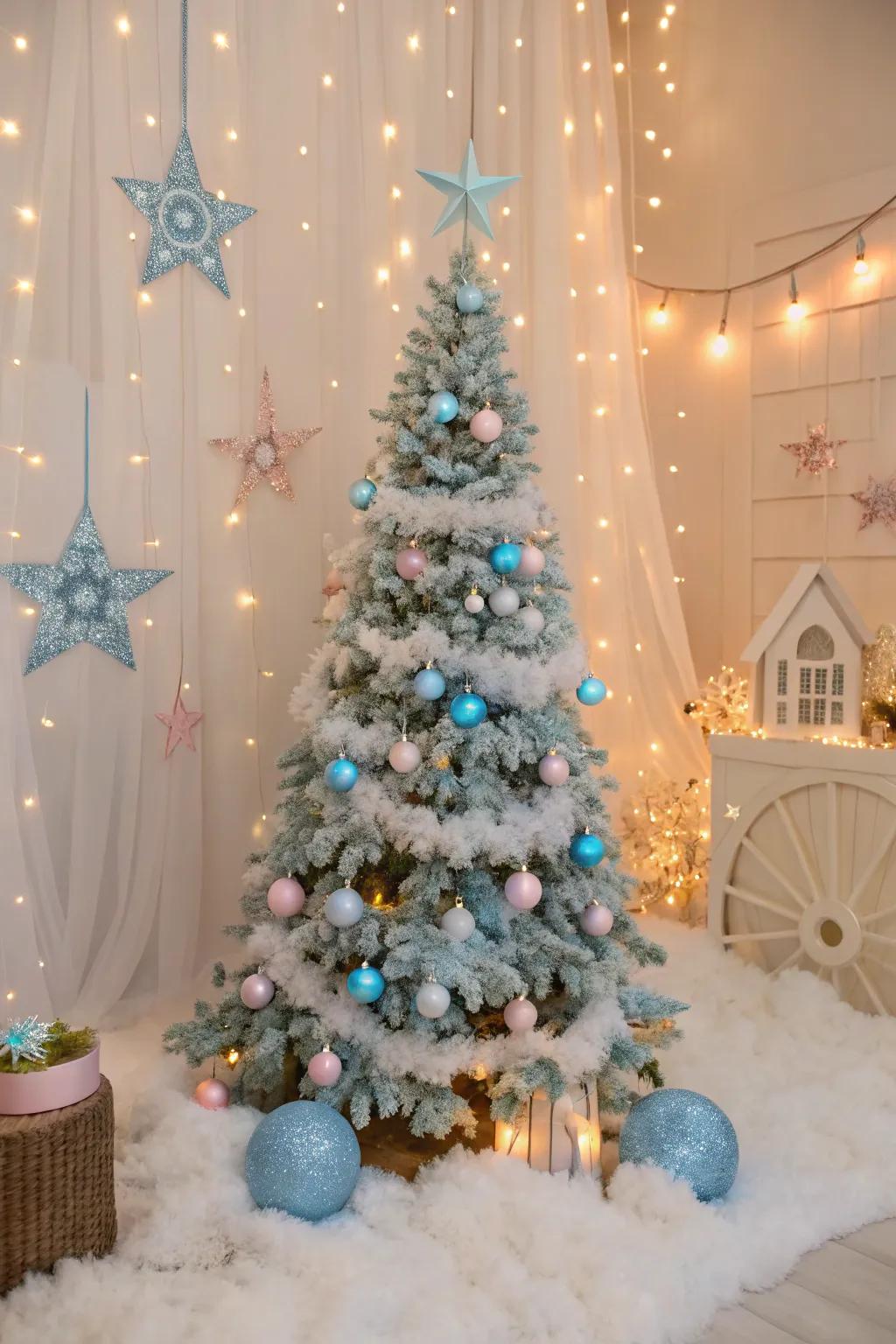 A whimsical azure and pastel Christmas tree design.