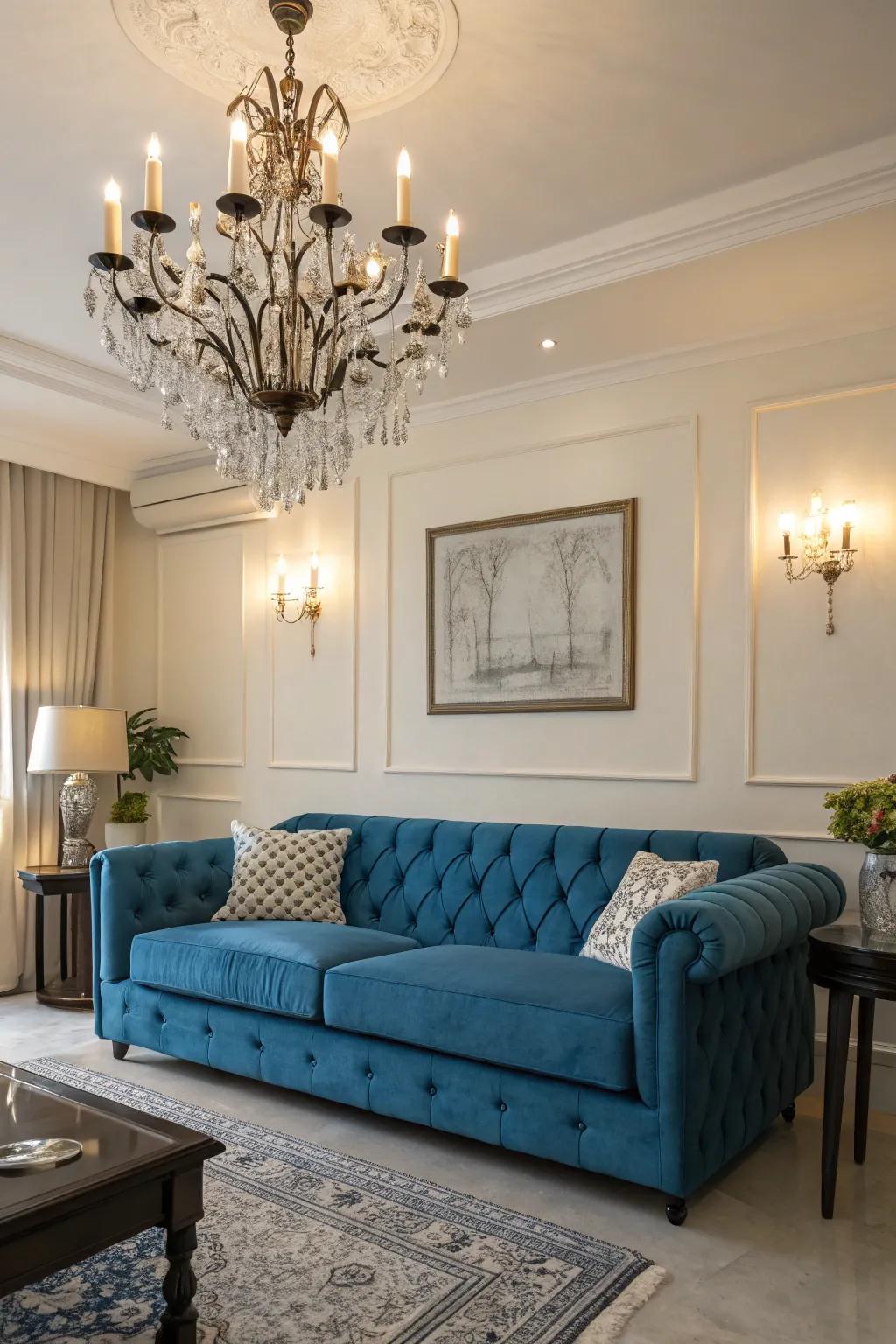 The space is enhanced by dramatic and elegant statement lighting.