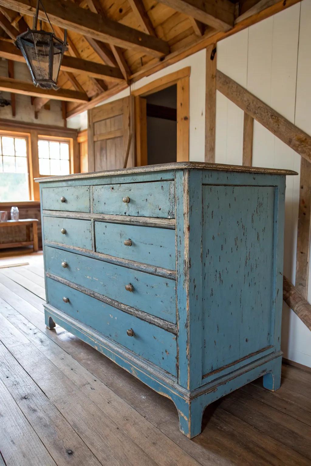 A weathered blue dresser radiating countryside charm within a farmhouse environment.