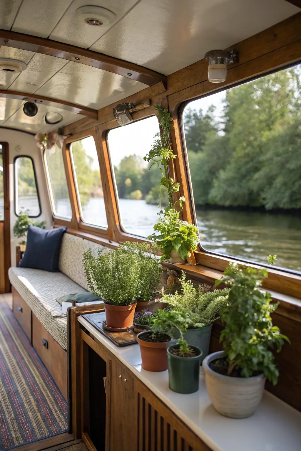 Small flora introduces a touch of nature and freshness to the boat.