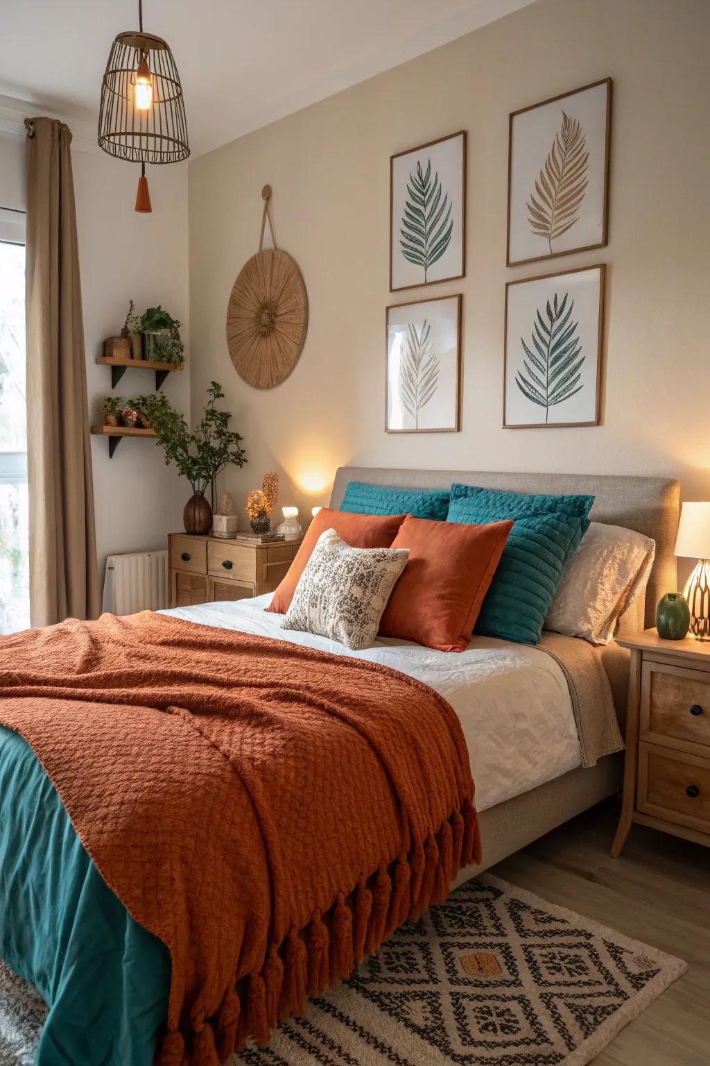 Blue-green accents creating a striking contrast.