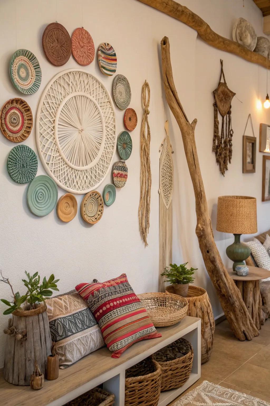 Artistic decor enriches the spatial aspect of the bohemian wall.
