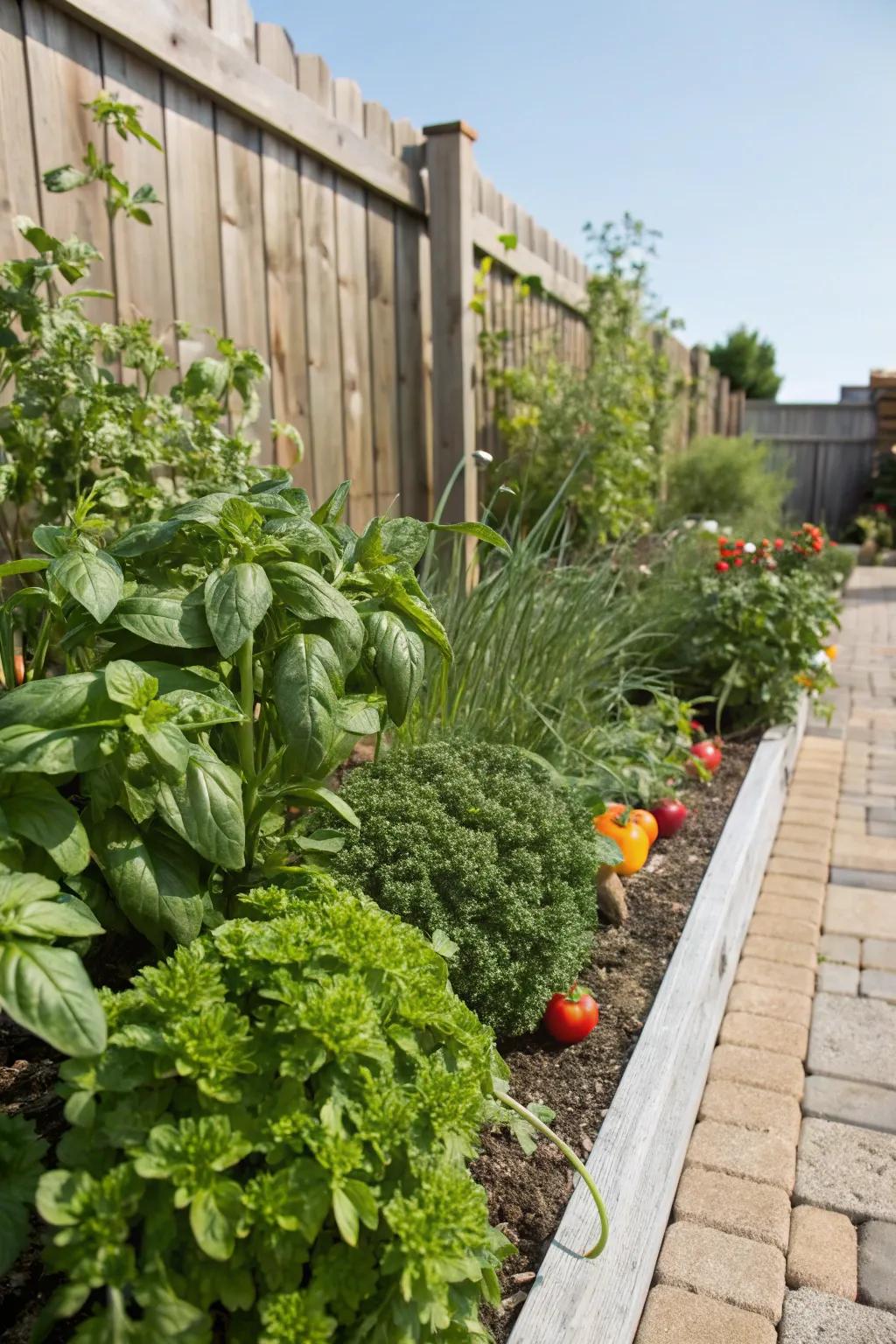 A practical garden border adorned with edible herbs.