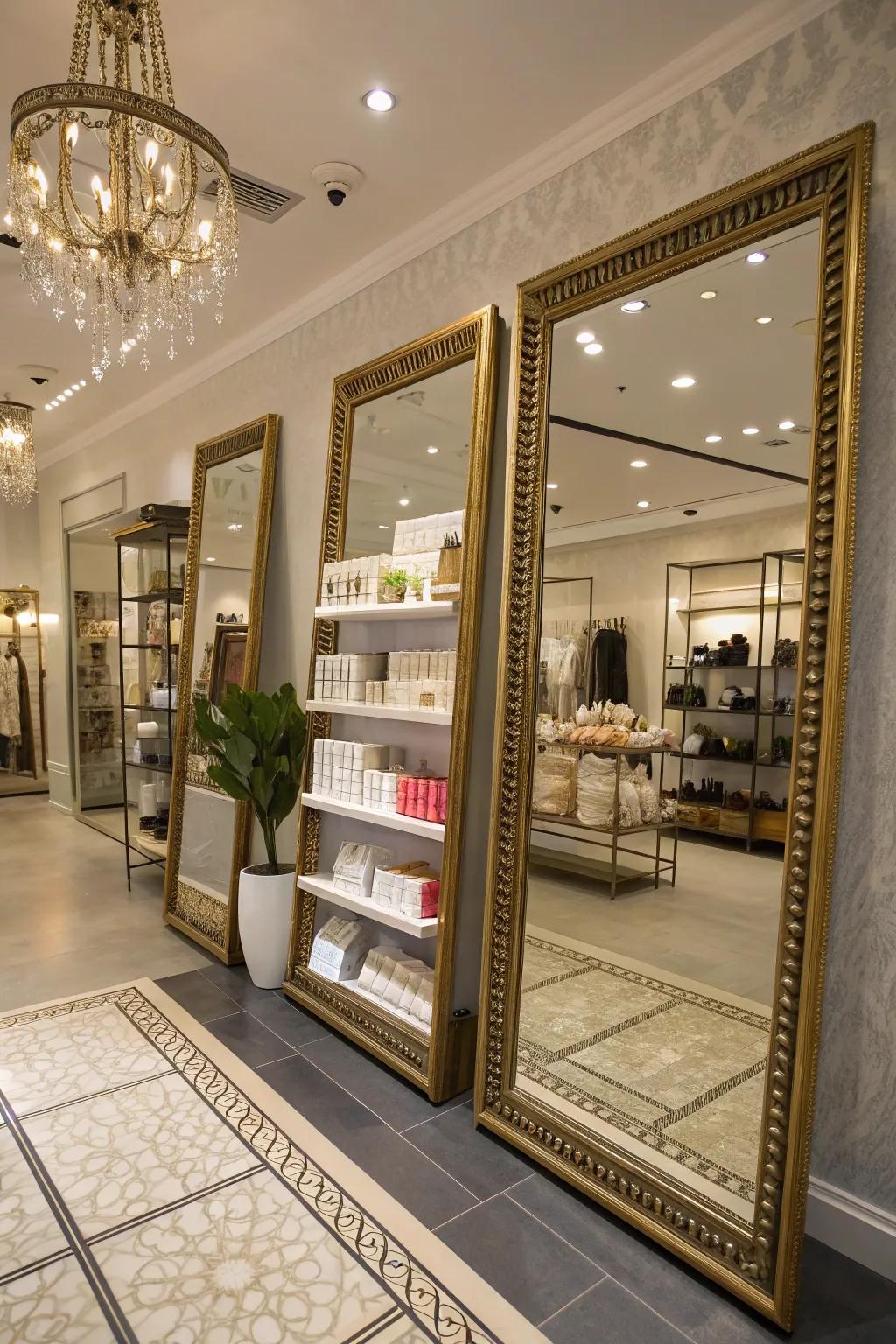 A boutique design with strategically positioned looking glasses that reflect light and generate the illusion of expanded space.