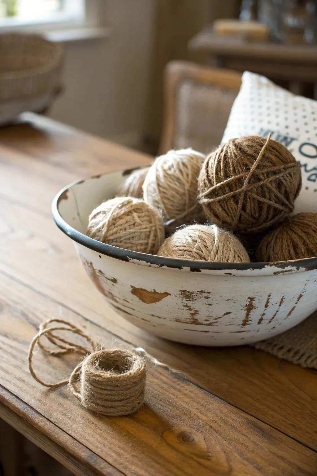 A farmhouse-style bowl exhibiting rustic jute spheres