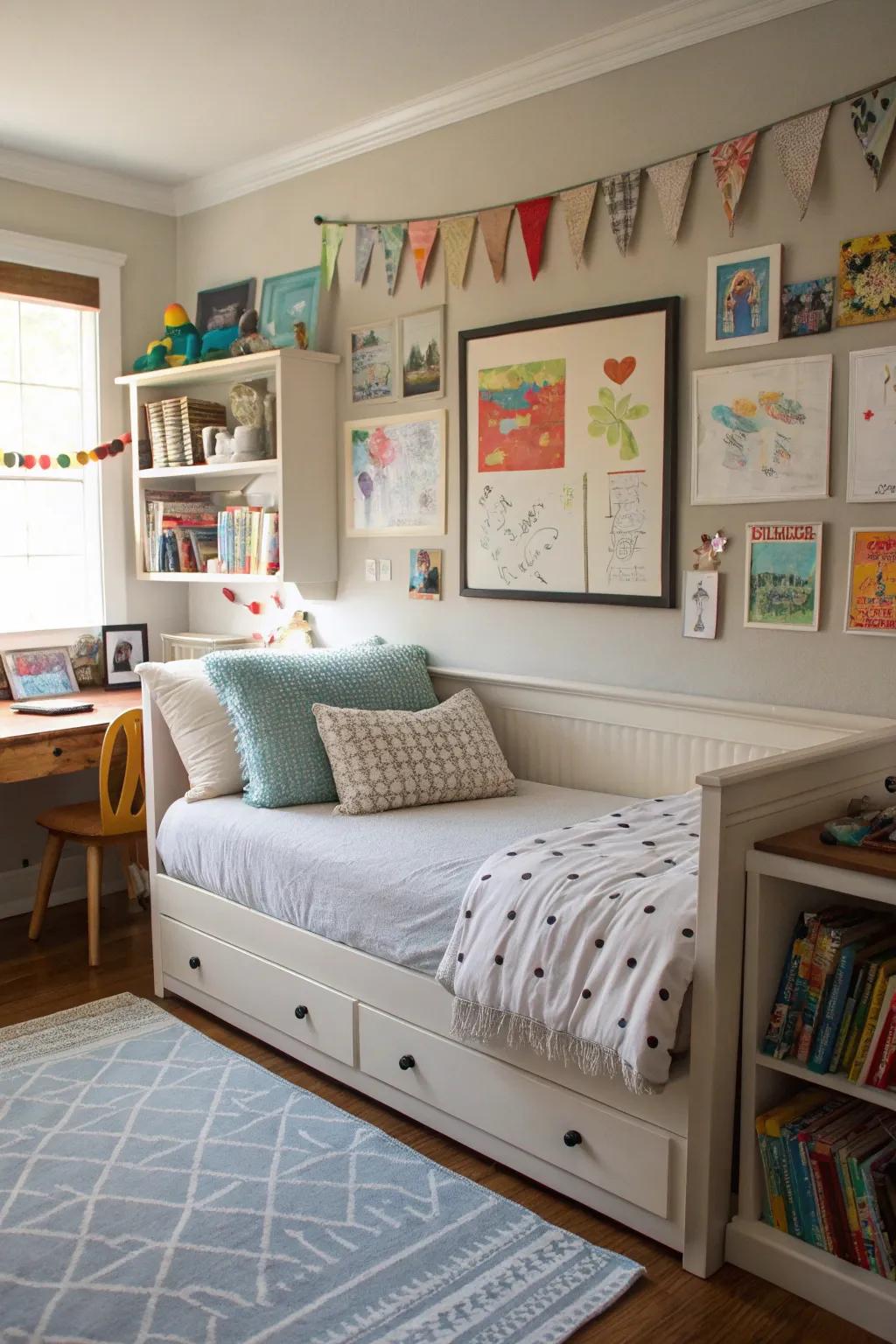Celebrate individuality through a personalized artistic wall above the daybed.