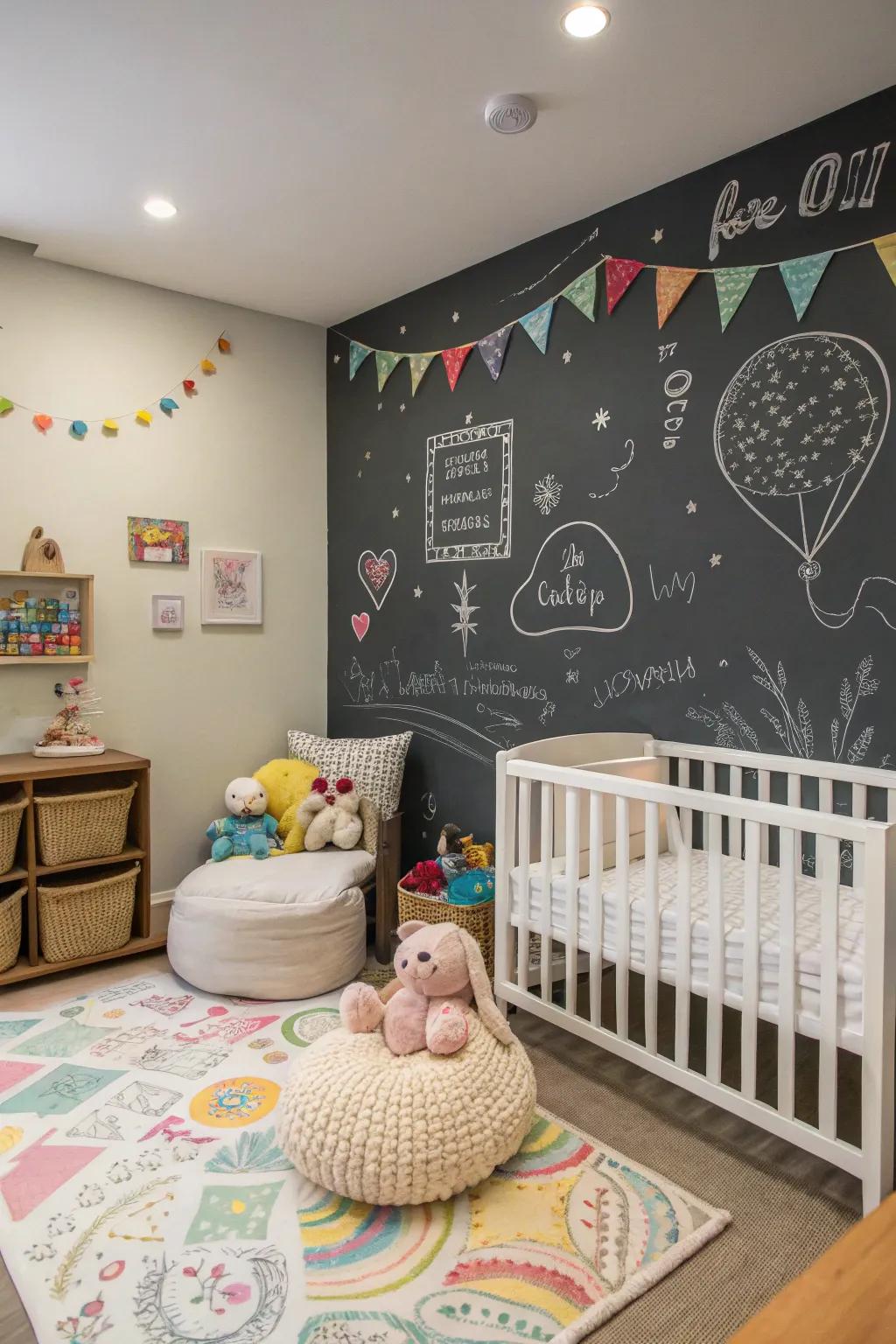 A chalkboard wall invites creativity and interaction.