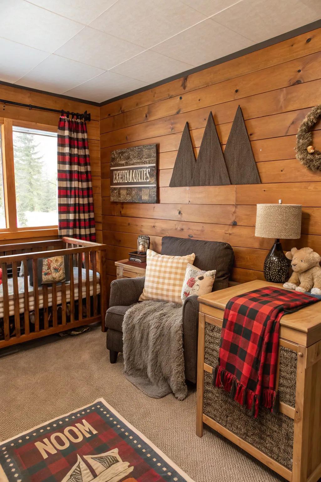 Incorporate the outdoors with a cozy cabin-styled nursery.