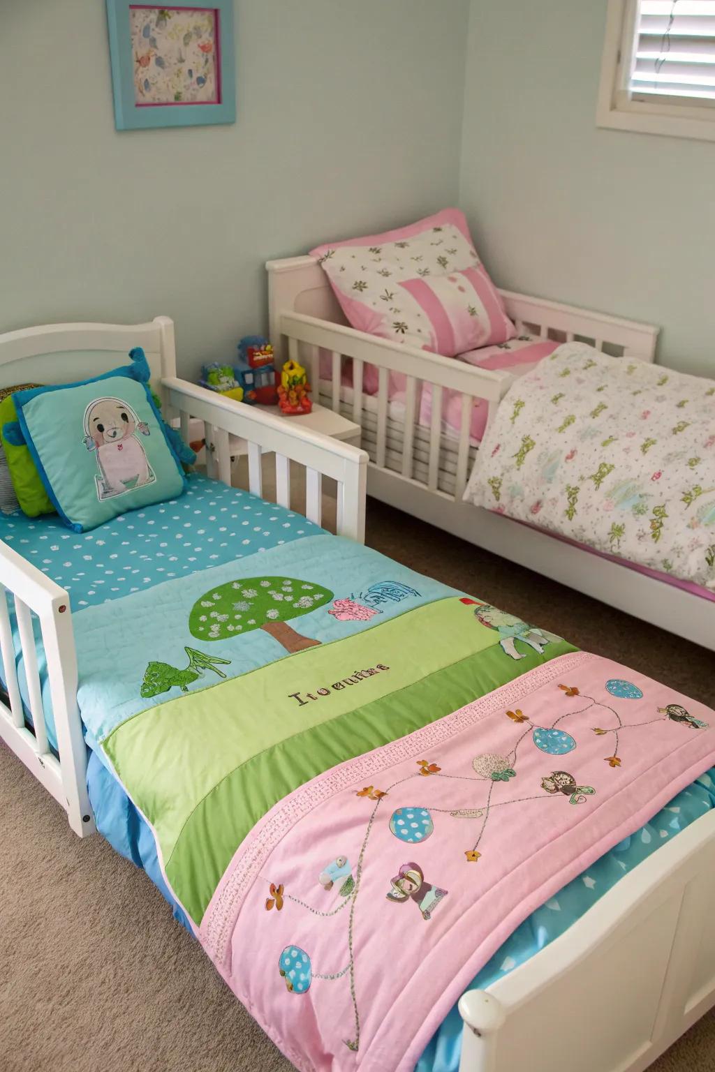 Personalized bedding provides an element of individuality to the space.