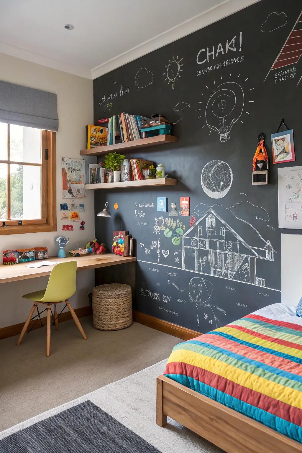 A chalkboard wall inspires creativity and fun.
