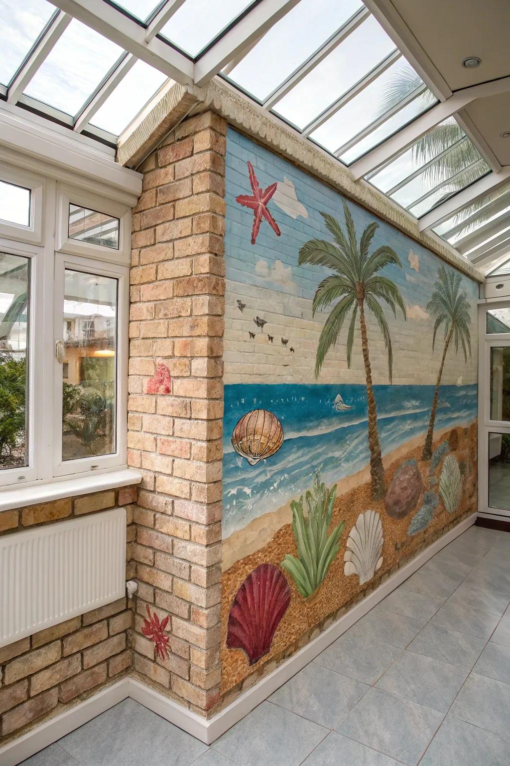 A coastal mural delivers seaside vibes to a brick wall.