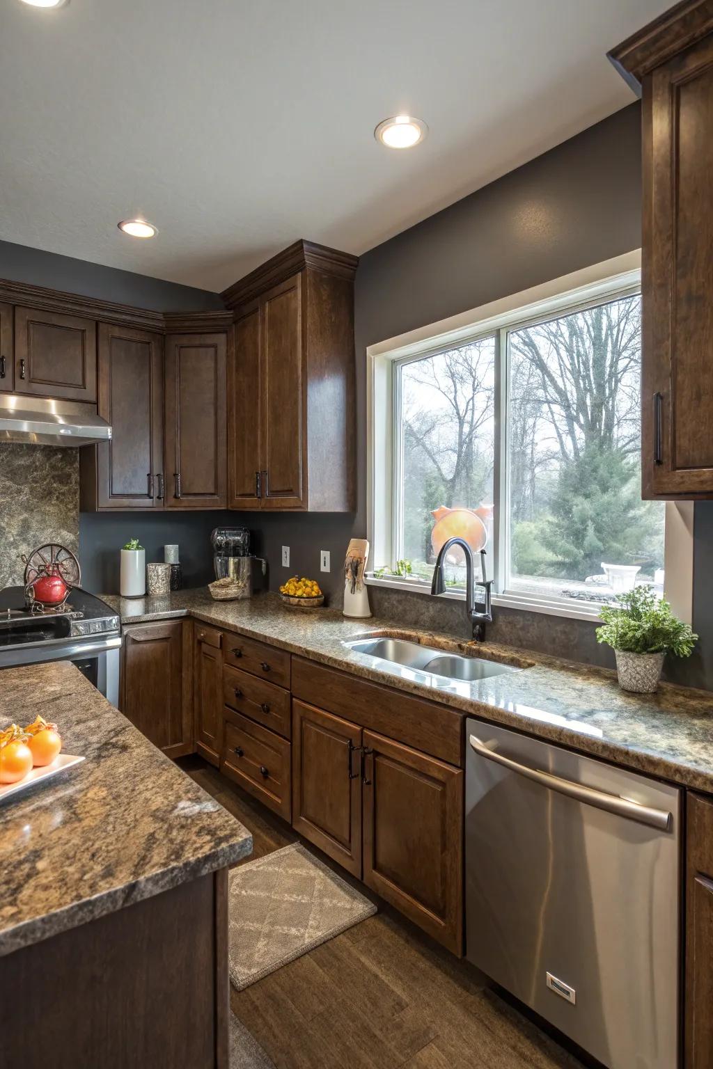 Graphite gray walls present a dramatic, modern contrast.