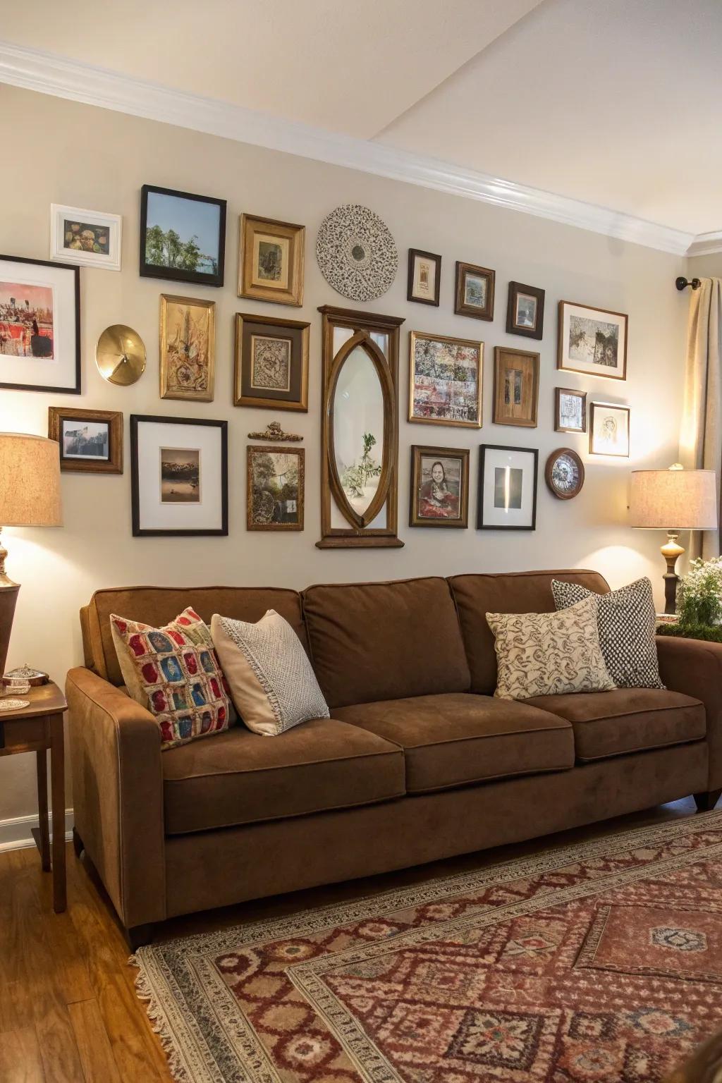 A display of artwork showcases character and dimension to a brown lounge.
