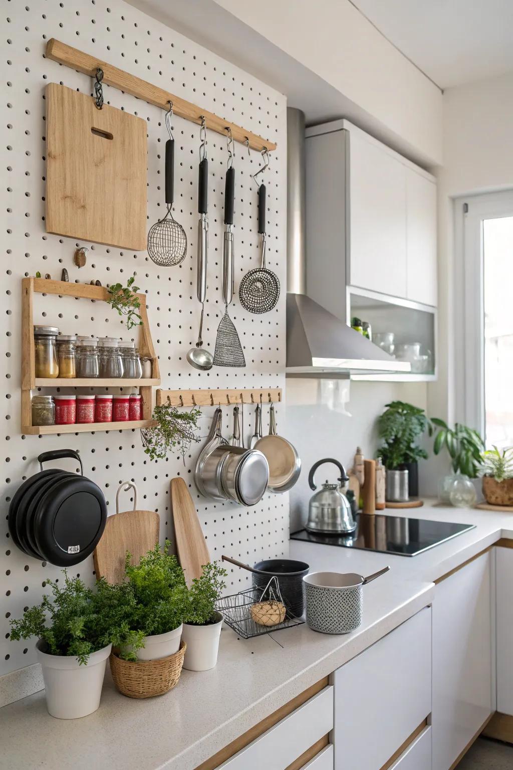 A pegboard provides both storage and style.